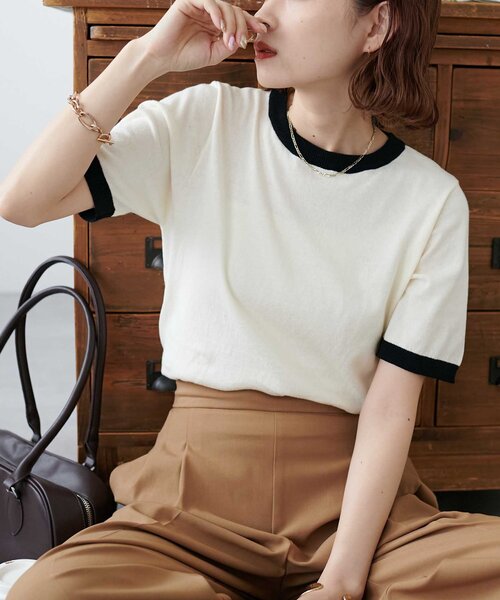 DISCOAT（ディスコート）の「【WEB限定】配色半袖プルオーバー（ニット/セーター・レディース・グレー/アイボリー/ブラック/ネイビー/オレンジ/ブラウン/グレー系その他/グレイッシュベージュ・FREE）」の13枚目の写真