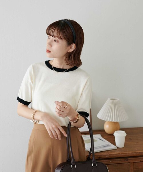 DISCOAT（ディスコート）の「【WEB限定】配色半袖プルオーバー（ニット/セーター・レディース・グレー/アイボリー/ブラック/ネイビー/オレンジ/ブラウン/グレー系その他/グレイッシュベージュ・FREE）」の9枚目の写真