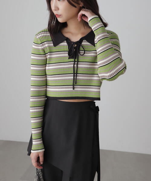 FREE'S MART（フリーズマート）の「マルチボーダーレースアップニット（ニット/セーター・レディース・ブルー/ブラック・FREE）」の3枚目の写真