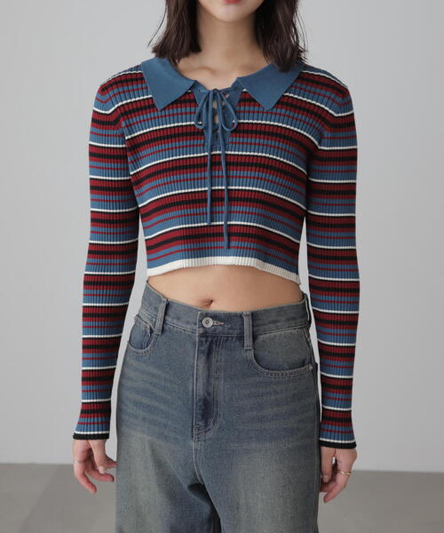 FREE'S MART（フリーズマート）の「マルチボーダーレースアップニット（ニット/セーター・レディース・ブルー/ブラック・FREE）」の16枚目の写真