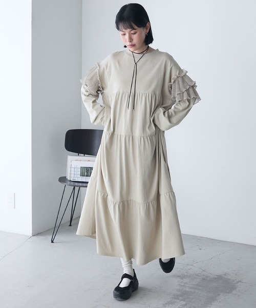 forksy.】ラメフリルロングスリーブティアードカットワンピース