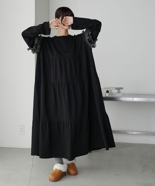 売れ筋がひクリスマスプレゼント！ forksy.】ラメフリルロングスリーブティアードカットワンピース ワンピース