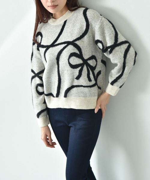 【セール】リボン柄ジャガードニット（ニット/セーター）｜INTERPLANET（インタープラネット）