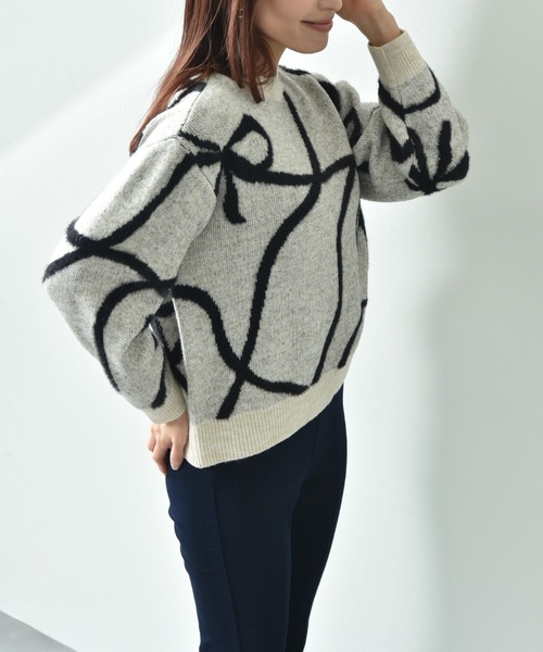 【セール】リボン柄ジャガードニット（ニット/セーター）｜INTERPLANET（インタープラネット）