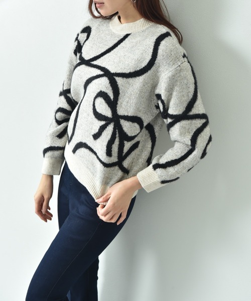 【セール】リボン柄ジャガードニット（ニット/セーター）｜INTERPLANET（インタープラネット）