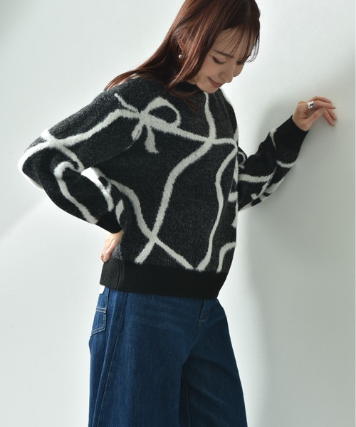 【セール】リボン柄ジャガードニット（ニット/セーター）｜INTERPLANET（インタープラネット）