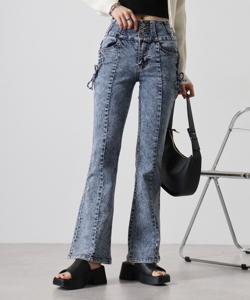 セール】.works ストレッチデニム脇レースアップハイウエストフレア