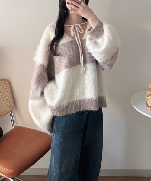 Delfy》ウール混スキッパーリボンボーダーニット（ニット/セーター