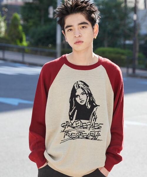 WEGO（ウィゴー）の「WEGO/ラグランジャガードグラフィックプルオーバー（ニット/セーター・メンズ・ワイン/ブラック・MEDIUM/LARGE）」の9枚目の写真