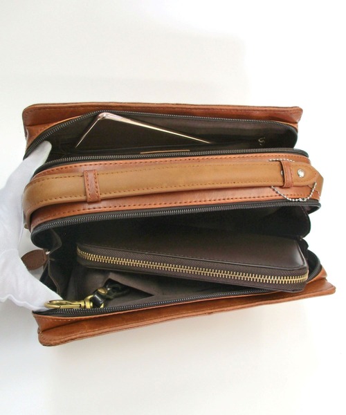 ヴィンテージ 本革 ダブルファスナー ボックス型 セカンドバッグ