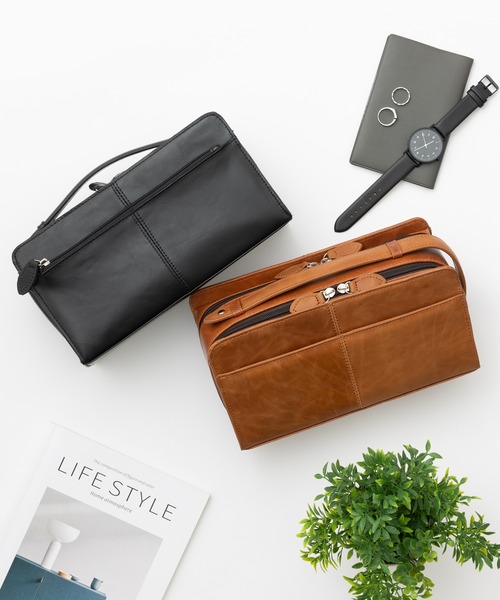 ヴィンテージ 本革 ダブルファスナー ボックス型 セカンドバッグ