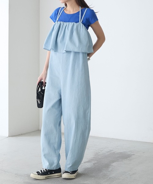 セール　デニムリメイク　フリフリフリルサロペット　一点物 セール デニムリメイク フリフリフリルサロペット 一点物