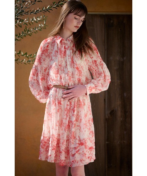 Estella.K(エステラケー)の「Merida Floral Belted Dress プリーツミニマムドレス(ワンピース・レディース・オレンジ系/ホワイト×イエロー/アイボリー系・FREE)」の1枚目の写真