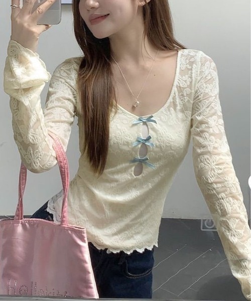 kirakiraShop(キラキラショップ)の「フロント リボン レース トップス(Tシャツ/カットソー・レディース・ホワイト・FREE)」の4枚目の写真
