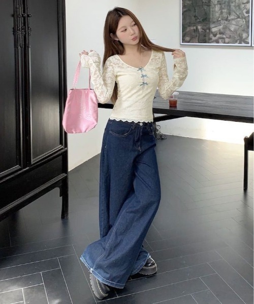 kirakiraShop(キラキラショップ)の「フロント リボン レース トップス(Tシャツ/カットソー・レディース・ホワイト・FREE)」の14枚目の写真