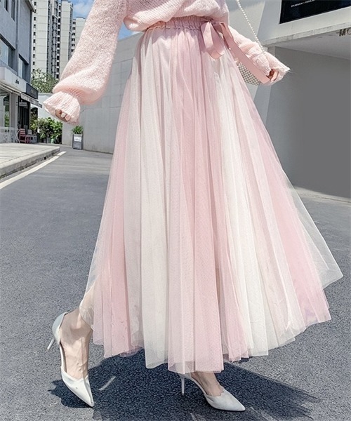 Dream garden(ドリームガーデン)の「ウエストリボン配色チュールスカート ロングスカート(スカート・レディース・ピンク/グレー×サックスブルー/ブラック×グレー/ブラック×ホワイト/ブラック×ピンク/ブルー/ホワイト×ブラウン・FREE)」の7枚目の写真