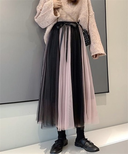 Dream garden(ドリームガーデン)の「ウエストリボン配色チュールスカート ロングスカート(スカート・レディース・ピンク/グレー×サックスブルー/ブラック×グレー/ブラック×ホワイト/ブラック×ピンク/ブルー/ホワイト×ブラウン・FREE)」の5枚目の写真