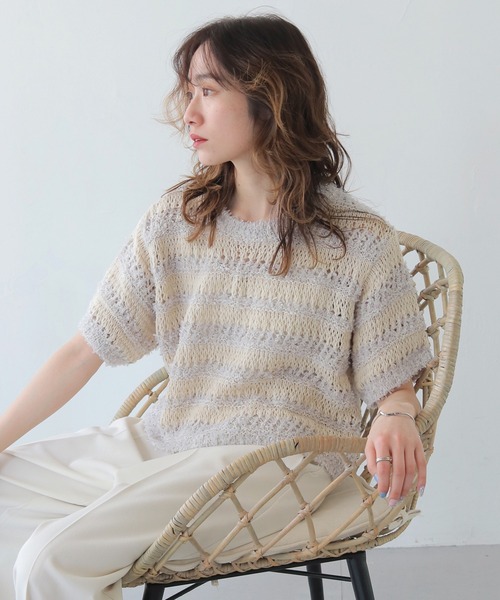 CLEIO（クレイオ）の「【CLEIO】透かし編みフリンジニット OPENWORK FRINGE KNIT/986-13606（ニット/セーター・レディース・ピンク/ライトグレー・FREE）」の2枚目の写真
