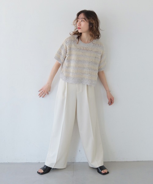 CLEIO（クレイオ）の「【CLEIO】透かし編みフリンジニット OPENWORK FRINGE KNIT/986-13606（ニット/セーター・レディース・ピンク/ライトグレー・FREE）」の3枚目の写真