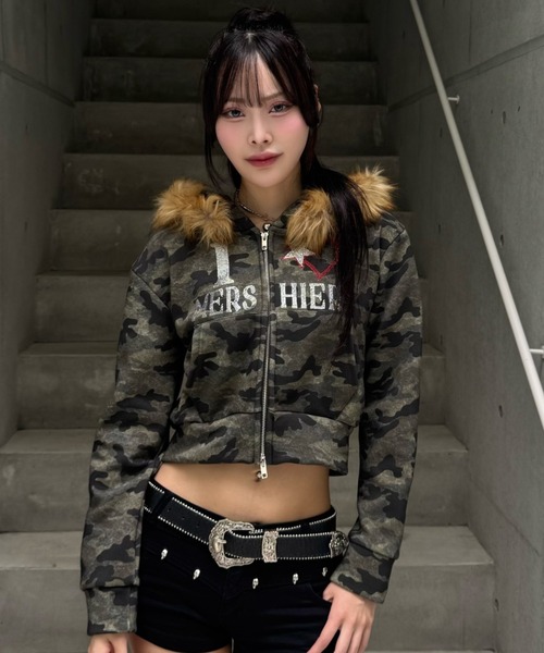 ZIPPER CLUB（ZIPPER CLUB ジッパークラブ）の「カモフラージュダブルジップクロップドパーカー（パーカー・レディース・グリーン・SMALL/MEDIUM/LARGE）」の9枚目の写真