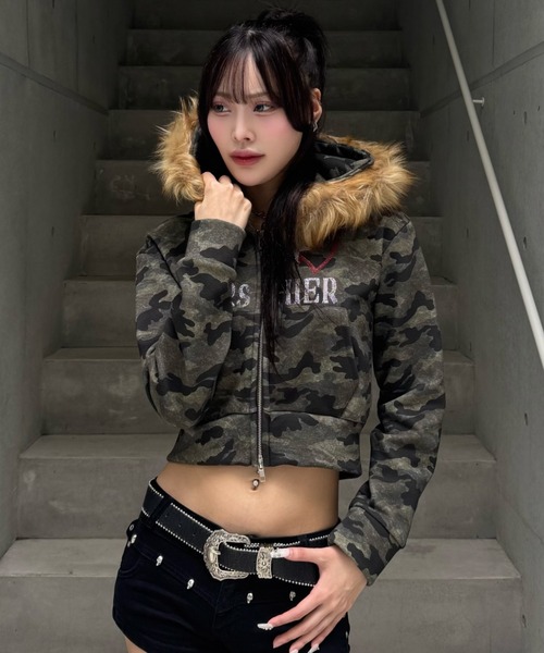 ZIPPER CLUB（ZIPPER CLUB ジッパークラブ）の「カモフラージュダブルジップクロップドパーカー（パーカー・レディース・グリーン・SMALL/MEDIUM/LARGE）」の8枚目の写真