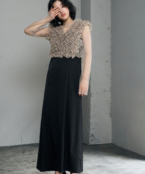 【新品未使用】チュール フリル シアー ワンピース オケージョンドレス3点セット チュール ボリューム フリル ベスト シアー トップス ワンピース