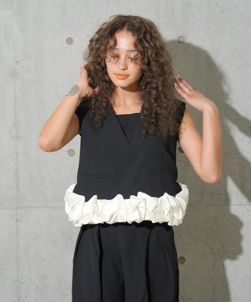ノースリーブ黒ドレス フリル付き　andresd whip hem set up ANDRESD】whip hem set up dress［ホイップヘムセットアップ