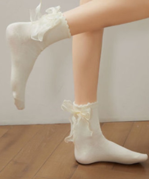 SHEPP（シープ）の「バックチュールリボンデザイン ショートソックス（ソックス/靴下・レディース・ホワイト/アイボリー/ブラック・F）」の9枚目の写真