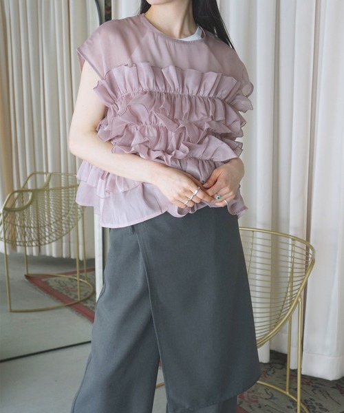 「O'fmus」コーデセット (フリルトップス+ラップパンツ) ofmw25s042 レディース O'fmus】コーデセット (フリルトップス+ラップパンツ