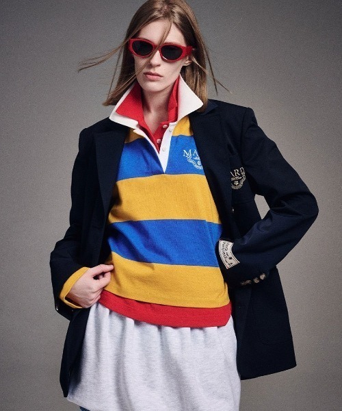 Mardi Mercredi(マルディメクルディ)の「RUGBY SHIRT STRIPE ALUMNI CLASSIQUE / ラグビー シャツ ストライプ アルムナイ クラシック(ポロシャツ・レディース・バーガンディー/マスタード・FREE)」の4枚目の写真
