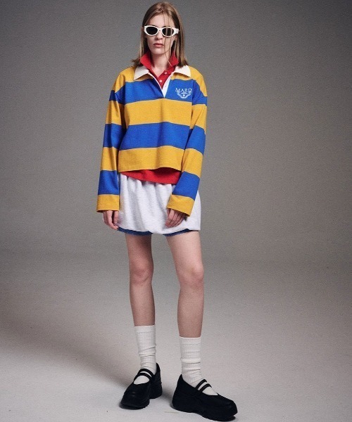 Mardi Mercredi(マルディメクルディ)の「RUGBY SHIRT STRIPE ALUMNI CLASSIQUE / ラグビー シャツ ストライプ アルムナイ クラシック(ポロシャツ・レディース・バーガンディー/マスタード・FREE)」の5枚目の写真