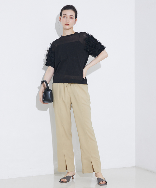 qualite（カリテ）の「boussole×qualiteフラワーエンブロPO/シアーニット/オフィスカジュアル/サマーニット（Tシャツ/カットソー・レディース・ブラック/オフホワイト・フリー）」の8枚目の写真