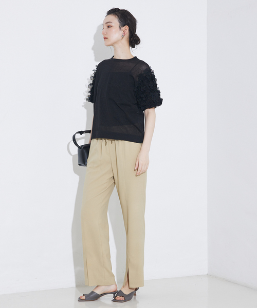 qualite（カリテ）の「boussole×qualiteフラワーエンブロPO/シアーニット/オフィスカジュアル/サマーニット（Tシャツ/カットソー・レディース・ブラック/オフホワイト・フリー）」の9枚目の写真