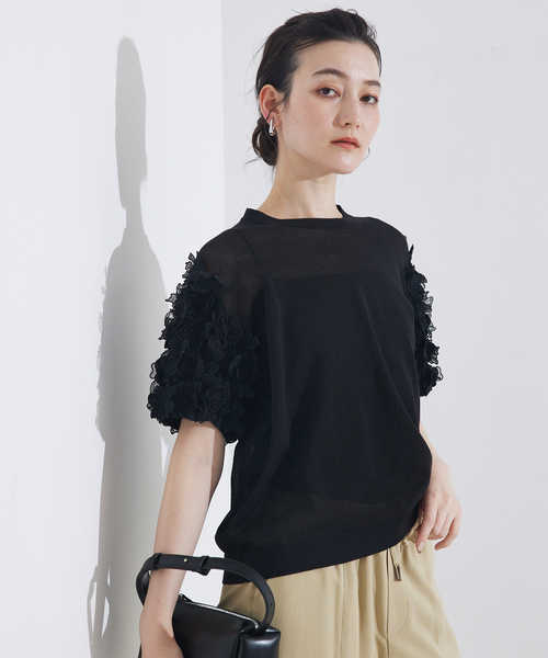 qualite（カリテ）の「boussole×qualiteフラワーエンブロPO/シアーニット/オフィスカジュアル/サマーニット（Tシャツ/カットソー・レディース・ブラック/オフホワイト・フリー）」の10枚目の写真