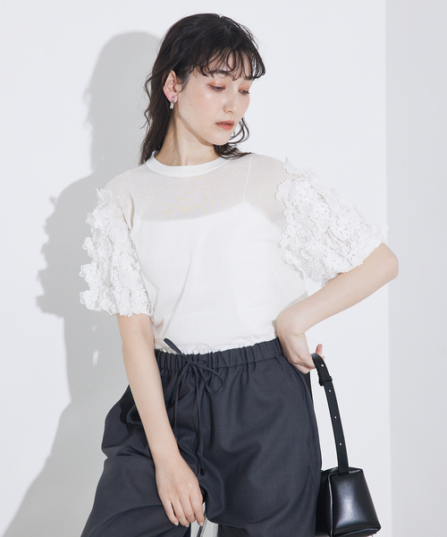 qualite（カリテ）の「boussole×qualiteフラワーエンブロPO/シアーニット/オフィスカジュアル/サマーニット（Tシャツ/カットソー・レディース・ブラック/オフホワイト・フリー）」の18枚目の写真