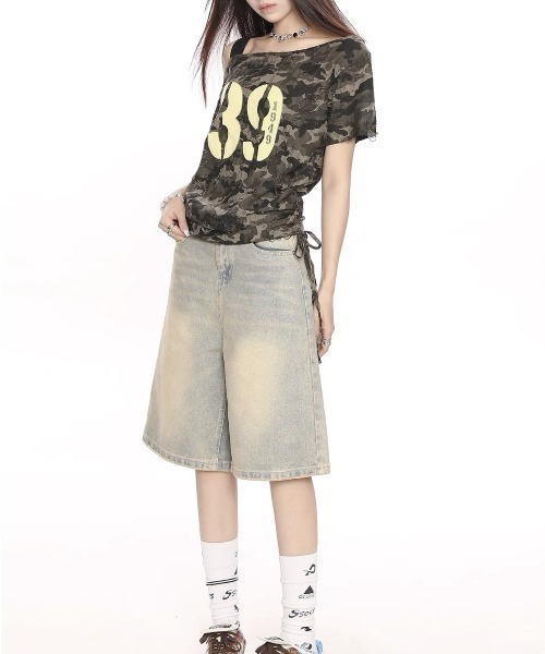 GORGE(ゴージ)の「ワンショルカモフラトップス/ワンオフショルダーギャザーリボンTシャツ(Tシャツ/カットソー・レディース・ブラック/グリーン・F)」の17枚目の写真