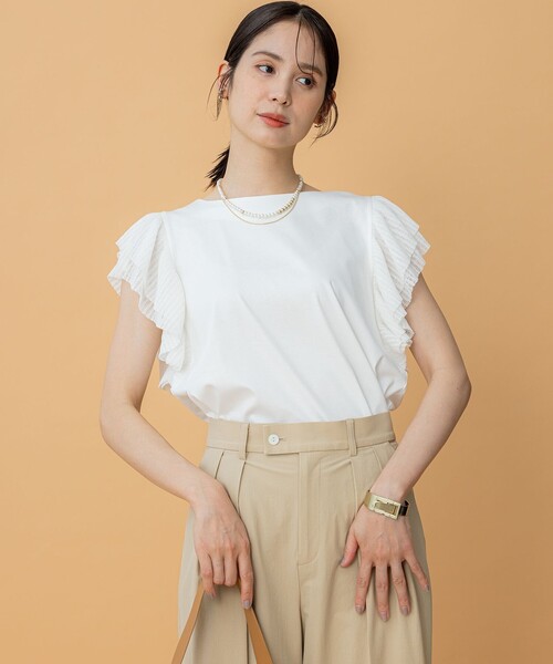 組曲（クミキョク）の「プリーツコンビフレンチスリーブ カットソー（Tシャツ/カットソー・レディース・ブラック系/アイボリー系/ブルー系・2/3）」の2枚目の写真