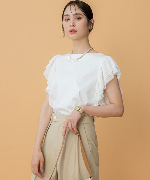 組曲（クミキョク）の「プリーツコンビフレンチスリーブ カットソー（Tシャツ/カットソー・レディース・ブラック系/アイボリー系/ブルー系・2/3）」の4枚目の写真