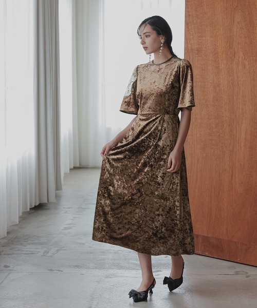 Callarus アシメレースデザインクラッシュベロアワンピースドレス アシメレースデザインクラッシュベロアワンピースドレス