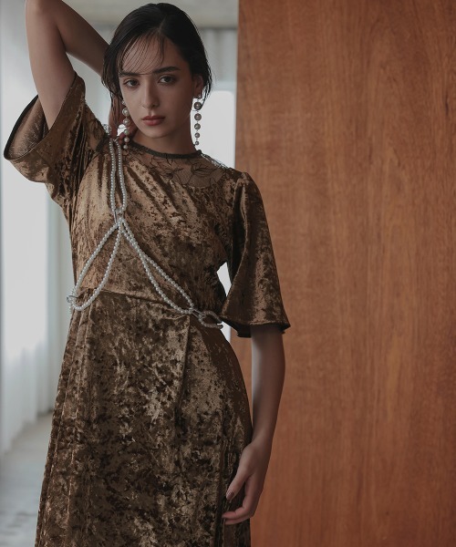 Callarus アシメレースデザインクラッシュベロアワンピースドレス セール】【お呼ばれ・よそいき・結婚式・パーティー