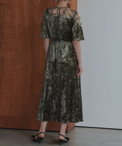 Callarus アシメレースデザインクラッシュベロアワンピースドレス アシメレースデザインクラッシュベロアワンピースドレス