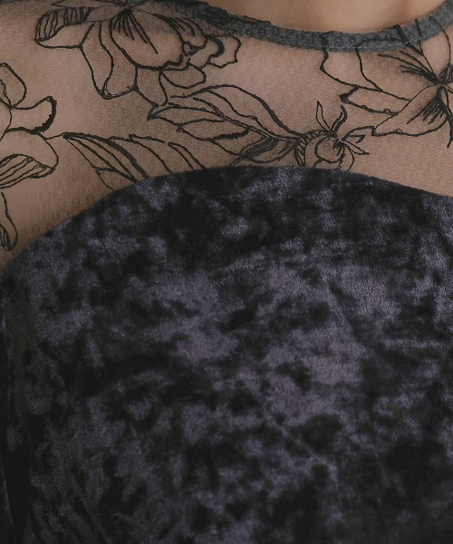 Callarus アシメレースデザインクラッシュベロアワンピースドレス Callarus（カラルス）の「アシメレースデザインクラッシュベロア