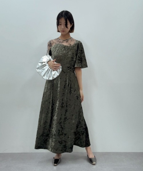 Callarus アシメレースデザインクラッシュベロアワンピースドレス セール】【お呼ばれ・よそいき・結婚式・パーティー