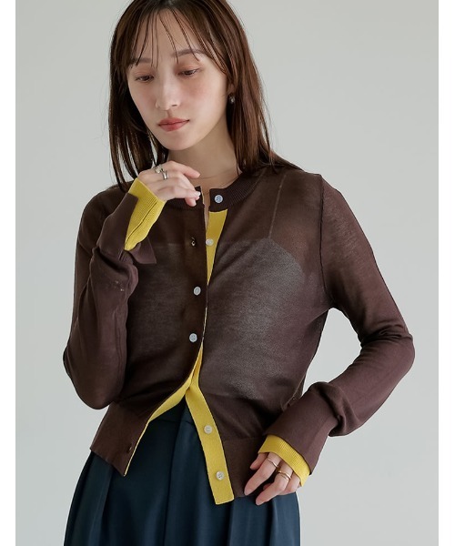 専用☆yori 2020AW 配色ニットカーディガン セール】[涼感]配色レイヤード風シアーニットカーディガン