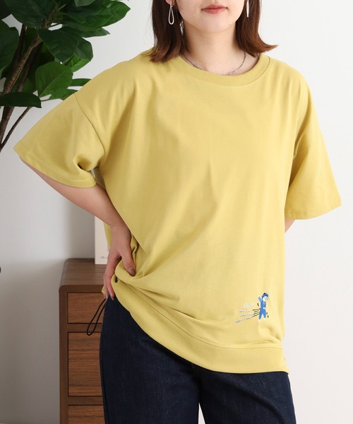 Quelle Chance(ケルシャンス)の「ドロスト刺しゅうプルオーバー ニャンジャ(Tシャツ/カットソー・レディース・イエロー/チャコールグレー/オートミール・M)」の6枚目の写真