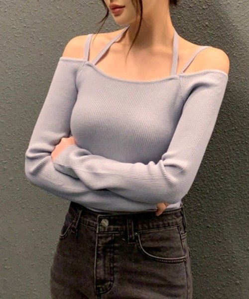 ReRe(リリ)の「オフショルダー肩紐 ニットトップス(ニット/セーター・レディース・オフホワイト/サックスブルー/ブラック/キャメル・FREE)」の19枚目の写真