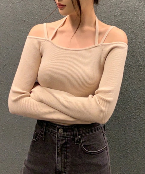 ReRe(リリ)の「オフショルダー肩紐 ニットトップス(ニット/セーター・レディース・オフホワイト/サックスブルー/ブラック/キャメル・FREE)」の15枚目の写真