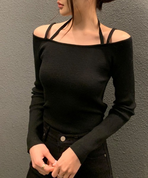 ReRe(リリ)の「オフショルダー肩紐 ニットトップス(ニット/セーター・レディース・オフホワイト/サックスブルー/ブラック/キャメル・FREE)」の12枚目の写真