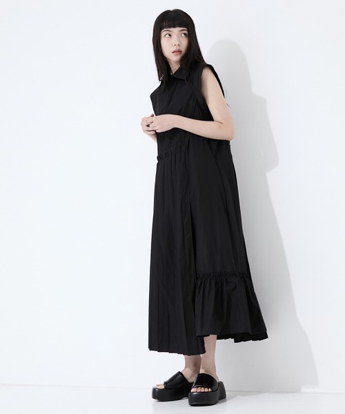 ワンピース OMMO SATIN DRAPE OP 36 STUDIOUS/ステュディオス】Asymmetry pleats one-piece