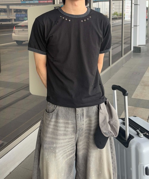 EPNK(イーピーエヌケー)の「【EPNK】Eyelet damage ringer Tee / アイレットダメージリンガーTee(Tシャツ/カットソー・メンズ・杢グレー/ブラック・SMALL/MEDIUM/LARGE)」の1枚目の写真